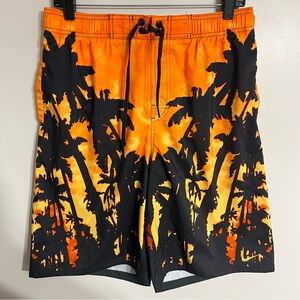 Nike Swim Trunks Shorts Mens Size Small Orange‎ Black Palm Trees Sunset